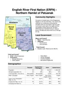 English River First Nation (ERFN) Northern Hamlet of Patuanak Community Highlights Patuanak is located west of the Shagwanew Rapids on the Churchill River. The community stretches for a mile and a half along the shorelin