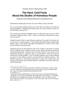 Homeless Persons’ Memorial Day, 2006  The Hard, Cold Facts About the Deaths of Homeless People Information from the National Health Care for the Homeless Council