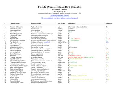 Florida (Nggela) Island Bird Checklist Solomon Islands 9 03 06s10e Compiled by Michael K. Tarburton, Pacific Adventist University, PNG. [To communicate re-type above address into e-mail program]
