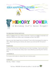 MEMORY POWER A Workshop You’ll Never Forget! WORKSHOP DESCRIPTION What you believe about your ability to remember, impacts your ability to remember and ultimately impacts your ability to gain knowledge and learn new sk