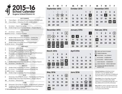2015–16 School Calendar Eugene School District 4J M	 T	 W	 T	 September 2015