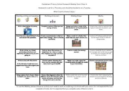 Castledown Primary School Homework Medley Term 2 Year 4. Homework is set for a Thursday and should be handed in on a Tuesday. When I work at home I enjoy Reading, writing and speaking. Working on my own.