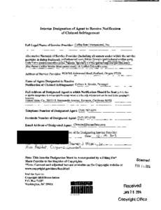 Interim Designation of Agent to Receive Notification of Claimed Infringement Full Legal Name of Service Provider: Coffee Bean lntemational, lnc. Alternative Name(s) of Service Provider (including all names under which th