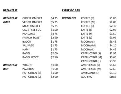 BREAKFAST  ESPRESSO BAR BREAKFAST GRILL