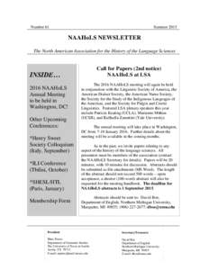 Number 61  Summer 2015 NAAHoLS NEWSLETTER The North American Association for the History of the Language Sciences