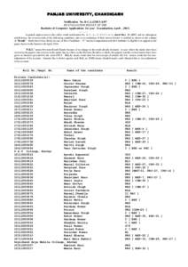 PANJAB UNIVERSITY, CHANDIGARH Notification No. B.C.A.I/2013-A/07 RE-EVALUATION RESULT OF THE Bachelor of Computer Applications Ist year Examination, April , 2013. ……… In partial supersession to this office result n