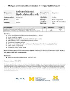 Michigan Collaborative Standardization of Compounded Oral Liquids  Drug name: Spironolactone/ Hydrochlorothiazide