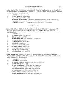 Sample Register Book Report  Page 1 1. John Steed b. 1 May 1791, Virginia, (son of Jesse R. Steed and Eva Rosenberger) m. 6 Sep 1816, in Shenandoah Co, Va, Frances Aker, b. Virginia?, d. 13 Dec 1876, buried New Mt. Pleas