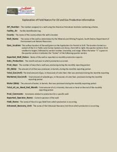 Explanation of Field Names for Oil and Gas Production Information API_Number: The number assigned to a well using the American Petroleum Institute numbering scheme. Facility_ID: Facility identification tag.