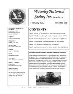 Waverley Historical Society Inc. Newsletter February 2012 WAVERLEY HISTORICAL SOCIETY Established in 1970