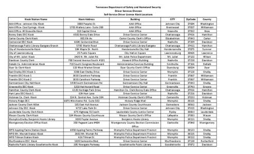 Tennessee Department of Safety and Homeland Security Driver Services Division Self-Service Driver License Kiosk Locations Kiosk Station Name AAA Office - Johnson City Kiosk AAA Office- Cool Springs - Kiosk