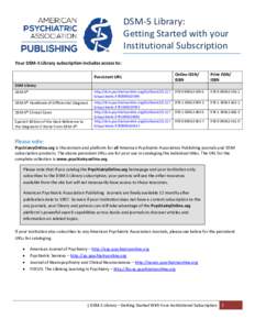 D“M-5 Li a : Getti g “ta ted ith ou I stitutio al “u s iptio Your DSM-5 Library subscription includes access to: Persistent URL