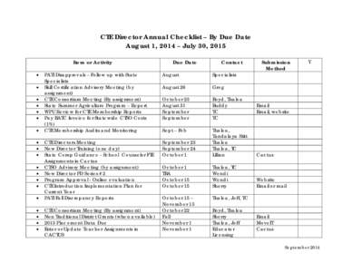 CTE Director Annual Checklist – By Due Date August 1, 2014 – July 30, 2015 Item or Activity • • •