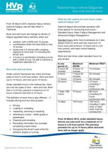 New work and rest hours  From 30 March 2015, National Heavy Vehicle National Fatigue Law will take effect in Tasmania. Work and rest hours will change for drivers of