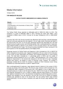 Media Information 18 March 2015 FOR IMMEDIATE RELEASE CATHAY PACIFIC ANNOUNCES 2014 ANNUAL RESULTS  Results