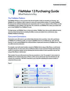 FILEMAKER Datasheet  FileMaker 13 Purchasing Guide What Products to Buy The FileMaker Platform The FileMaker Platform is a line of products that all work together to help you streamline your business. Use