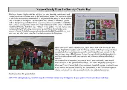Nature Glenelg Trust Biodiversity Garden Bed The Swan Reserve Biodiversity Bed will help you learn about the vast diversity and cultural significance of plants local to the Warrnambool region. The south-west region of Vi