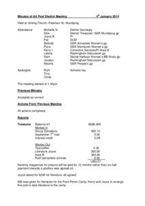 4th January[removed]Minutes of AA Peel District Meeting Held at Uniting Church, Paterson St, Mundijong Attendance: