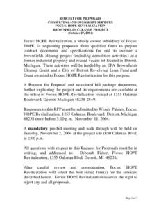 REQUEST FOR PROPOSALS  CONSULTING AND OVERSIGHT SERVICES FOCUS: HOPE REVITALIZATION