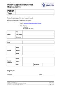Parish Supplementary Synod Representative Parish Year Please keep a copy of this form for your records