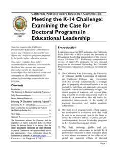 California Postsecondary Education Commission -- Meeting the K-14 Challenge:  Examining the Case for Doctoral Programs in Educational Leadership, Report 07-25