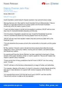 News Release Deputy Premier John Rau Attorney-General Minister for Justice Reform Monday, 30 March, 2015