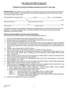 WEST VIRGINIA DEPARTMENT OF EDUCATION CHILD AND ADULT CARE FOOD PROGRAM AGREEMENT BETWEEN SPONSORING ORGANIZATION AND DAY CARE HOME INSTRUCTIONS: This agreement must be filled out and signed by the day care home provider