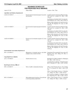 NYS Register/April 20, 2005  Rule Making Activities HEARINGS SCHEDULED FOR PROPOSED RULE MAKINGS