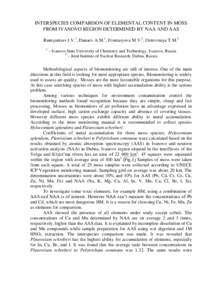 INTERSPECIES COMPARISON OF ELEMENTAL CONTENT IN MOSS FROM IVANOVO REGION DETERMINED BY NAA AND AAS Rumyantsev I.V.1, Dunaev A.M.1, Frontasyeva M.V.2, Ostrovnaya T.M.2 1  – Ivanovo State University of Chemistry and Tech