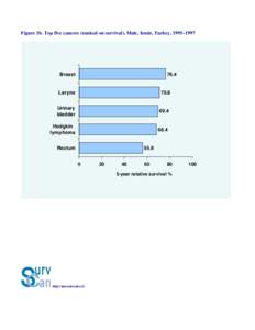 Figure 1b. Top five cancers (ranked on survival), Male, Izmir, Turkey, 1995–1997  Breast 76.4