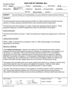 Assembly Bill 25 Exclusion Employer Provided Medical Insurance Benefits Includes Domestic Partners (Hertzberg) Introduced[removed]