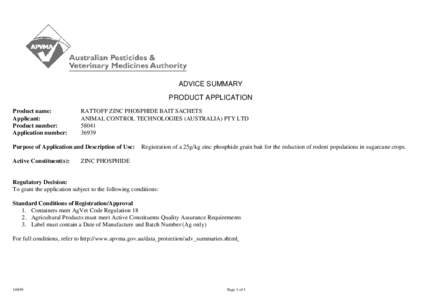 ADVICE SUMMARY PRODUCT APPLICATION Product name: Applicant: Product number: Application number: