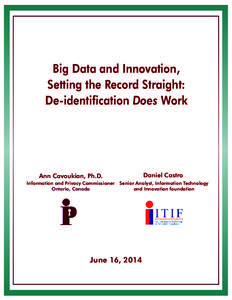 Big Data and Innovation, Setting the Record Straight: De-identification Does Work Ann Cavoukian, Ph.D.