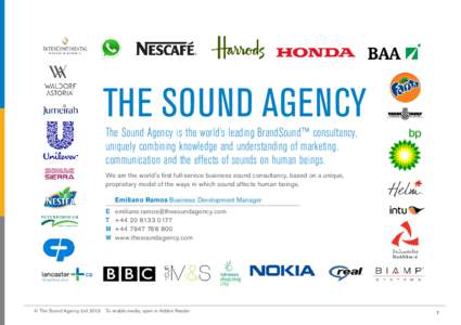 THE SOUND AGENCY The Sound Agency is the world’s leading BrandSound™ consultancy, uniquely combining knowledge and understanding of marketing, communication and the effects of sounds on human beings.  We are the worl