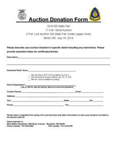 Auction Donation Form 2014 ND State Fair 11 A.M. Silent Auction 2 P.M. Live Auction- ND State Fair Center (upper level) Minot, ND July 19, 2014