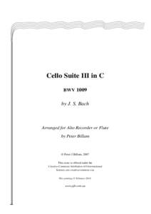 Cello Suite III in C BWV 1009 by J. S. Bach  Arranged for Alto Recorder or Flute