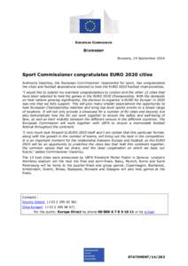 EUROPEAN COMMISSION  STATEMENT Brussels, 19 September[removed]Sport Commissioner congratulates EURO 2020 cities