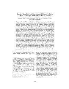 Relative Abundance and Distribution of Mariana Swiftlets (Aves: Apodidae) in the Northern Mariana Islands1 Justine B. Cruz,2,3 Shelly R. Kremer,2,4 Gayle Martin,2 Laura L. Williams,2