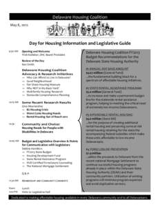 Delaware Housing Coalition May 8, 2012 Day for Housing Information and Legislative Guide 9:30 AM