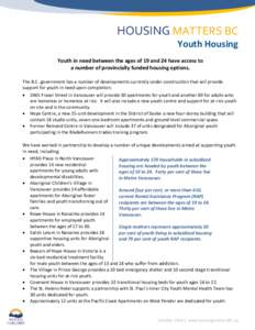 HOUSING MATTERS BC Youth Housing Youth in need between the ages of 19 and 24 have access to a number of provincially funded housing options. The B.C. government has a number of developments currently under construction t