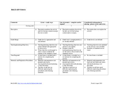 BioLEARN Rubric  Comments Great – ready to go Scoring scale