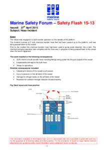 Marine Safety Forum – Safety FlashIssued: 27th April 2015 Subject: Hose Incident Event The vessel was engaged in a bulk transfer operation on the leeside of the platform. The incident involved a 2” bulk chemic