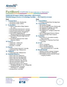 FactSheet} FORTUNE Corporations in Kentucky FORTUNE 50 Largest Global Corporations with Kentucky Manufacturing or Service & Technology Facilities — 2013 Rank (by revenue) Rank 2. Wal-mart Stores