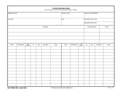 STOCK RECORD CARD For use of this form, see AR 215-1; the proponent agency is ACSIM. NOMENCLATURE SELLING PRICE