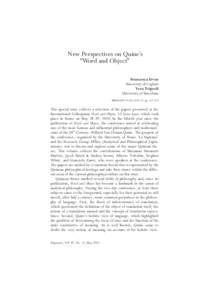 New Perspectives on Quine’s “Word and Object” Francesca Ervas University of Cagliari Vera Tripodi University of Barcelona