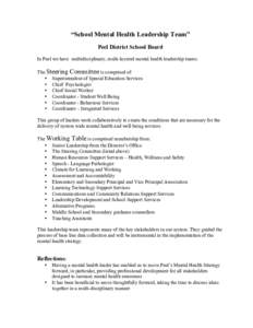 “School Mental Health Leadership Team” Peel District School Board In Peel we have multidisciplinary, multi-layered mental health leadership teams. The Steering Committee is comprised of: • Superintendent of Special