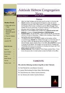 Adelaide Hebrew Congregation News Volume 10 Issue 4 October 28, 2011