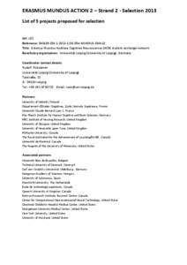 ERASMUS MUNDUS ACTION 2 – Strand 2 - Selection 2013 List of 5 projects proposed for selection Lot: L01 Reference: [removed]EM[removed]DE-ERA MUNDUS-EMA22 Title: Erasmus Mundus Auditory Cognitive Neuroscience (ACN) stude