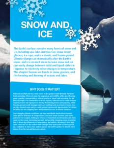 SNOW AND ICE The Earth’s surface contains many forms of snow and ice, including sea, lake, and river ice; snow cover; glaciers, ice caps, and ice sheets; and frozen ground. Climate change can dramatically alter the Ear