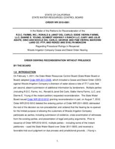 STATE OF CALIFORNIA STATE WATER RESOURCES CONTROL BOARD ORDER WRIn the Matter of the Petitions for Reconsideration of the R.D.C. FARMS, INC.; RONALD & JANET DEL CARLO; EDDIE VIERRA FARMS,